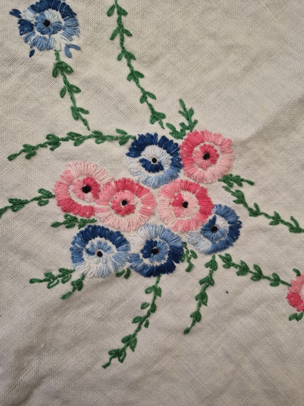 Hand Embroidered Floral Tablecloth- Pink & Blue Flowers